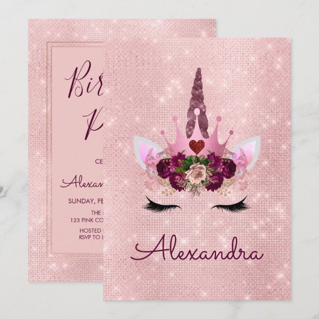 Invitation Rose Gold Sparkle Parties scintillant Fille fête d (Devant / Derrière)