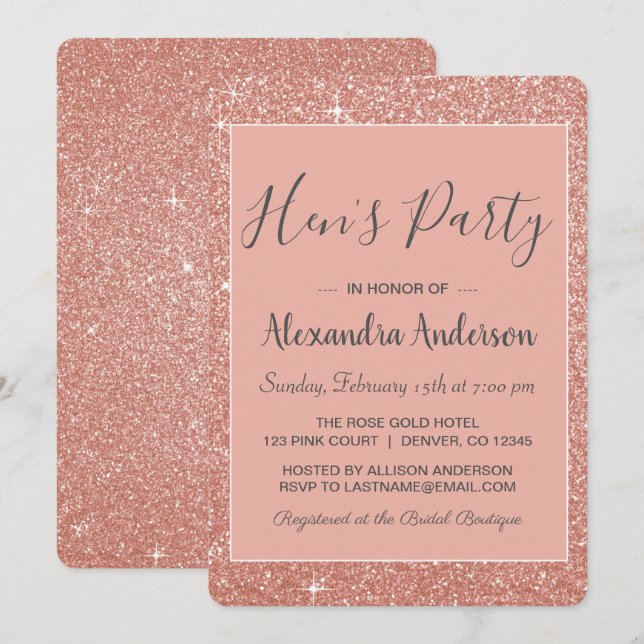 Invitation Rose Gold Sparkle Parties scintillant Hen's Party (Devant / Derrière)