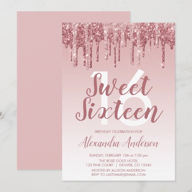 Invitation Rose Gold Sparkle Parties scintillant Sweet sixtee (Devant / Derrière)