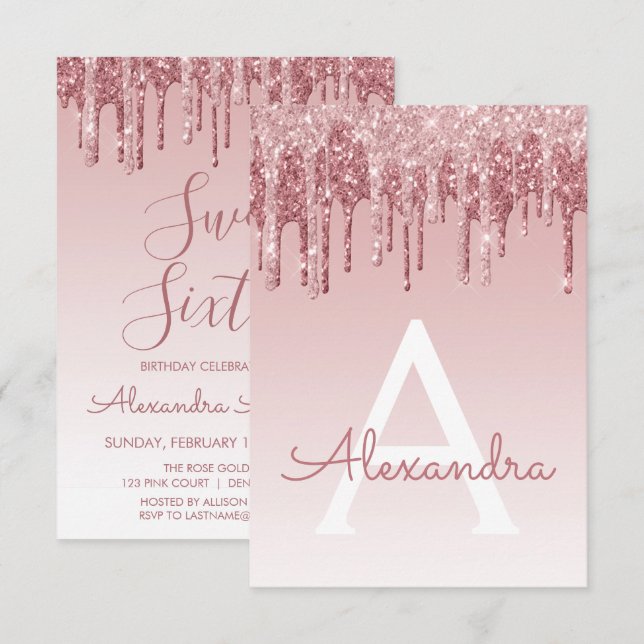 Invitation Rose Gold Sparkle Parties scintillant Sweet sixtee (Devant / Derrière)