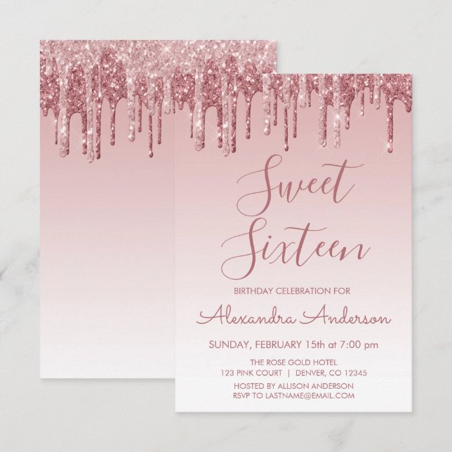 Invitation Rose Gold Sparkle Parties scintillant Sweet sixtee (Devant / Derrière)