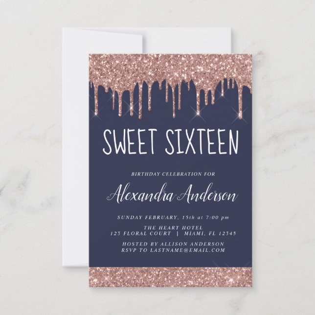 Invitation Rose Gold Sparkle Parties scintillant Sweet sixtee (Devant)