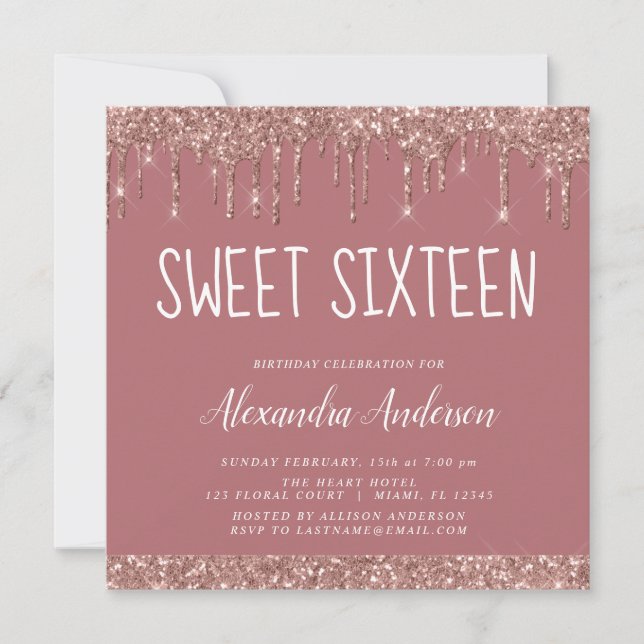 Invitation Rose Gold Sparkle Parties scintillant Sweet sixtee (Devant)