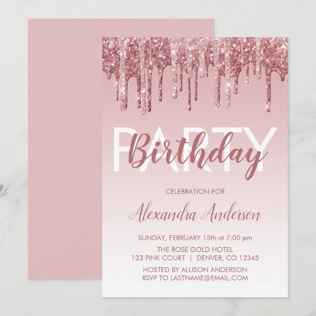 Invitation Rose Gold Sparkle Parties scintillant Tout âge Ann (Devant / Derrière)