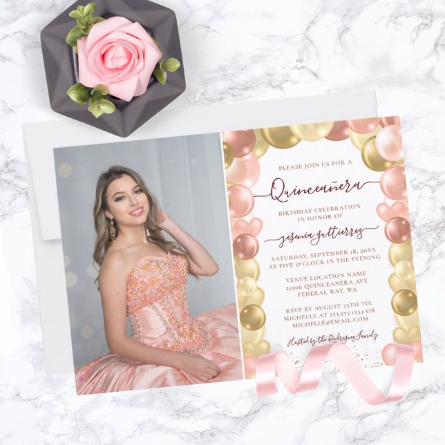 Invitation Rose Gold Sparkle Photo Quinceañera Balloon (Créateur téléchargé)