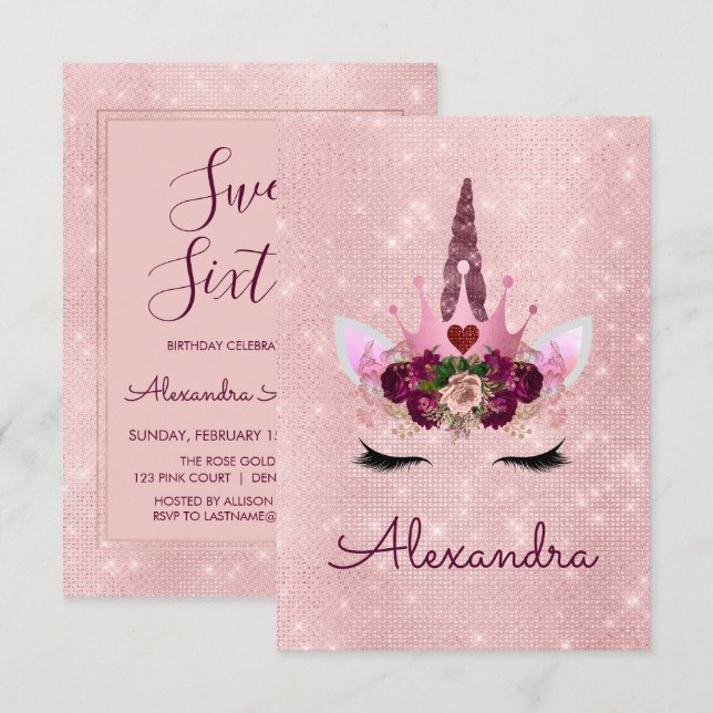 Invitation Rose Gold Sparkle Unicorn Sweet sixteen Anniversai (Devant / Derrière)