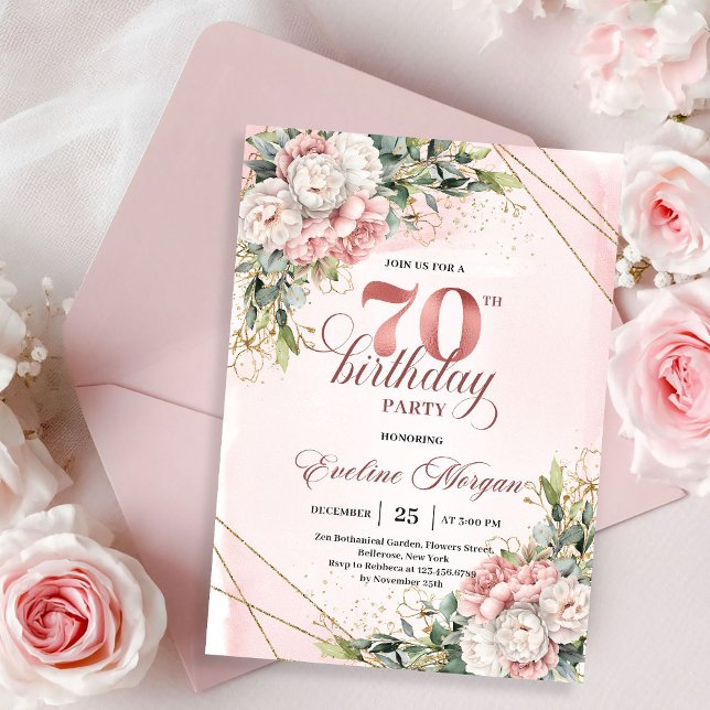 Invitation Rose Gold Splendide Aquarelle Florale 70e Annivers (Splendid Rose Gold Watercolor Floral 70th Birthday Invitation)