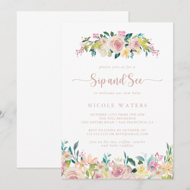 Invitation Rose Gold Spring Floral Sip et voir (Devant / Derrière)