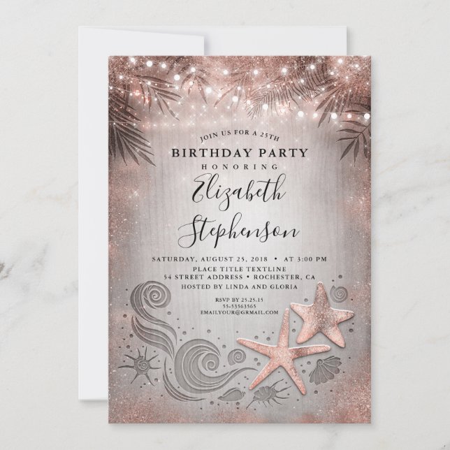 Invitation Rose Gold Starfish Tropical Beach Lights Anniversa (Devant)