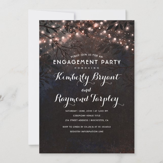Invitation Rose Gold String Lights Country Engagement Party (Devant)