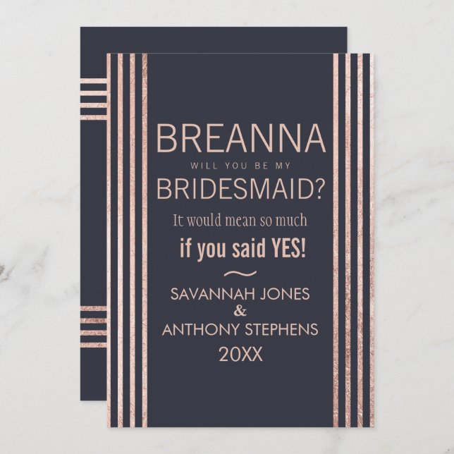 Invitation Rose Gold Stripes et Navy Blue Bridesmaitres (Devant / Derrière)
