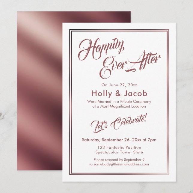 Invitation Rose Gold sur Blanc Happily Ever After Réception (Devant / Derrière)