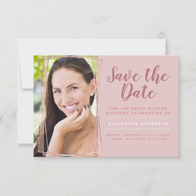 Invitation Rose Gold Sweet 16 Anniversaire Enregistrer la dat (Devant)