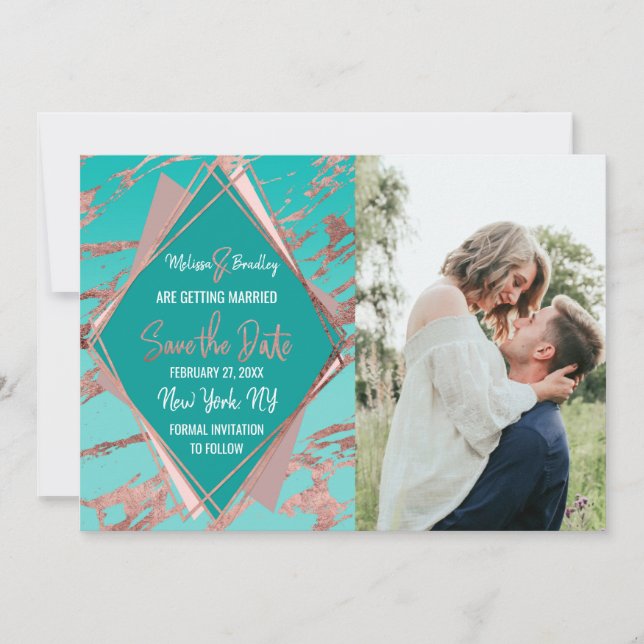 Invitation Rose Gold Teal Vert Marbre Diamant Enregistrer Dat (Devant)