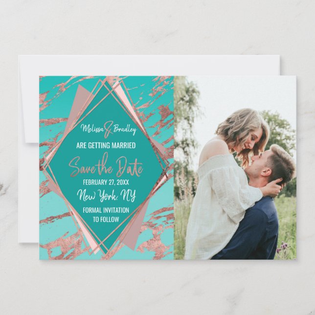 Invitation Rose Gold Turquoise Green Marble Diamant Date de s (Devant)