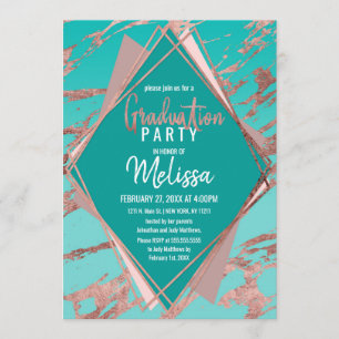 Invitation Rose Gold Turquoise Marbre vert Diamant Graduation
