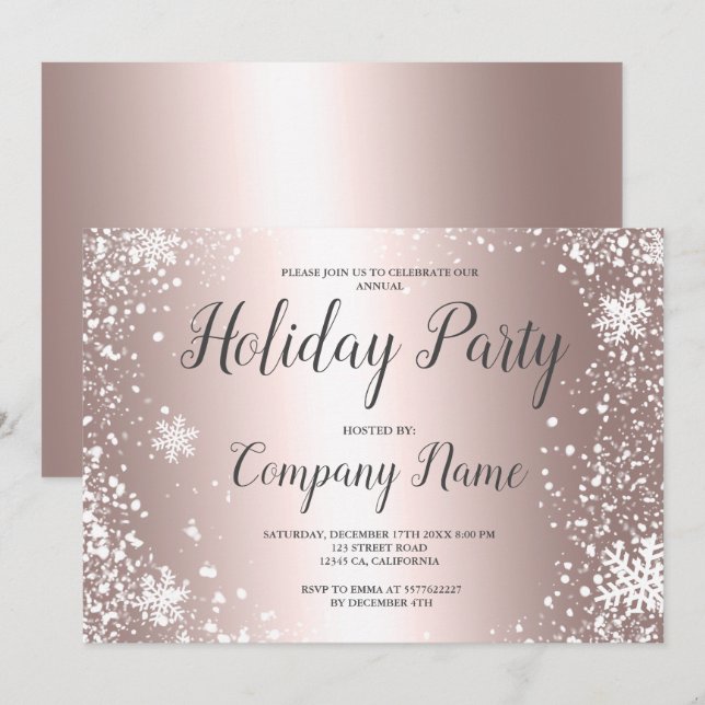 Invitation Rose Gold typographie de flocon de neige entrepris (Devant / Derrière)