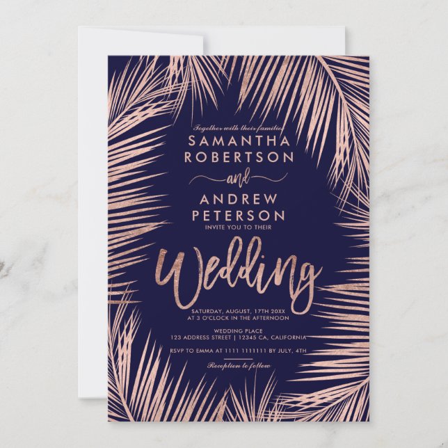 Invitation Rose Gold typographie palmiers bleu marine mariage (Devant)