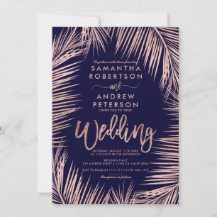 Invitation Rose Gold typographie palmiers bleu marine mariage
