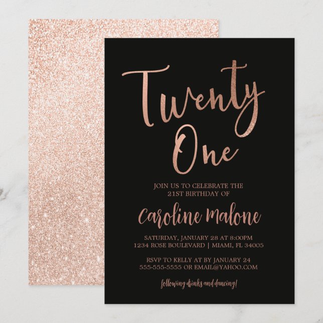 Invitation Rose Gold Vingt et un appel d'anniversaire | PARTI (Devant / Derrière)