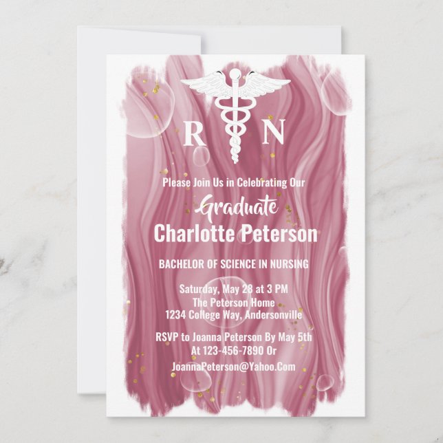 Invitation Rose Gold Watercolor Nurse Graduation Party  (Devant)