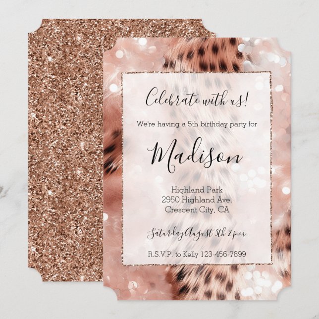 Invitation Rose Gold & White Leopard Glitz Parties scintillan (Devant / Derrière)