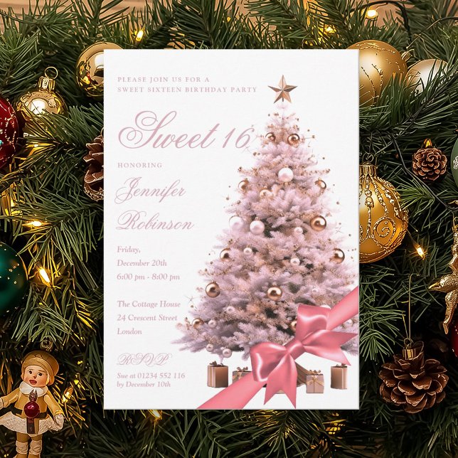 Invitation Rose Gold Winter Wonderland Bow Sweet 16 Birthday  (Rose Gold Winter Wonderland Bow Sweet 16 Birthday Invitation)
