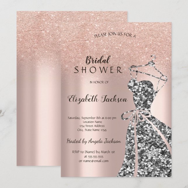 Invitation Rose GoldGlitter Bokeh, Sequins Fête des mariées r (Devant / Derrière)
