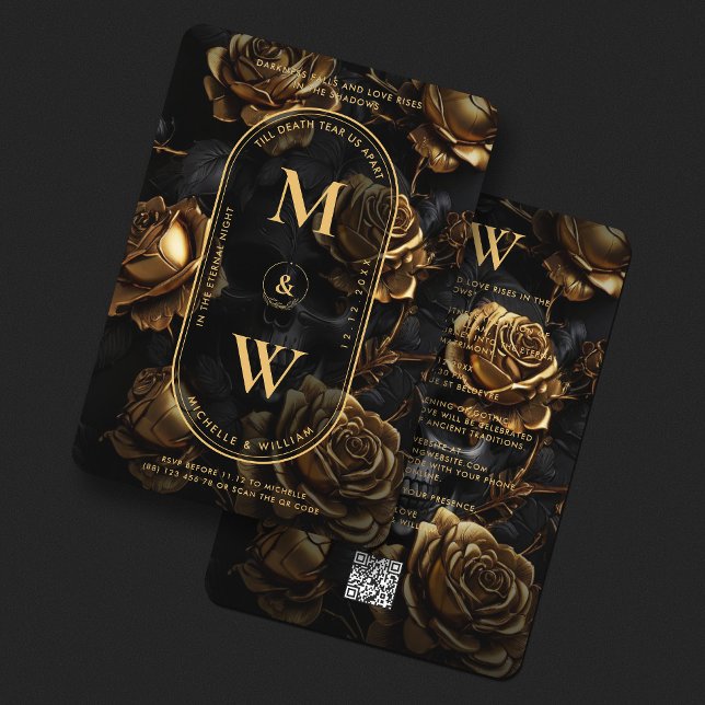 Invitation Rose gothique du crâne Boho Élégant Monogramme Or  (Gothic Skull Rose Boho Elegant Monogram Black Gold Invitation
)