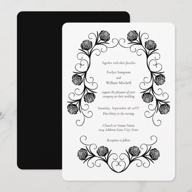 Invitation Rose gothique moderne tournoie Mariage noir et bla (Devant / Derrière)