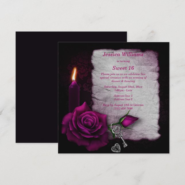 Invitation Rose gothique romantique, bougie, clé & serrure Sw (Devant / Derrière)