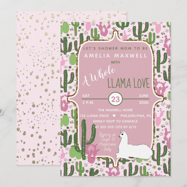 Invitation Rose | Green Llama Love Cactus Girl Baby shower (Devant / Derrière)