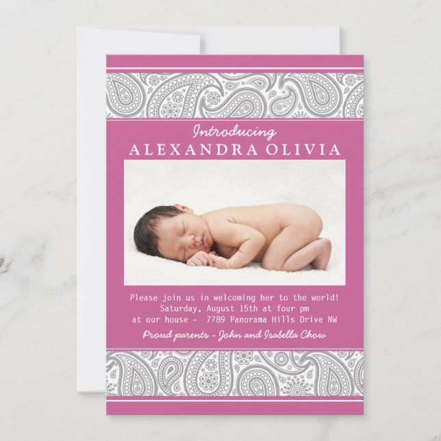 Invitation Rose Grey Paisley Photo Sip N Voir Baby shower (Devant)