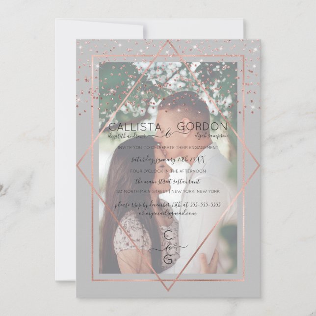 Invitation Rose gris Gold Confetti Frontière Photo Fiançaille (Devant)