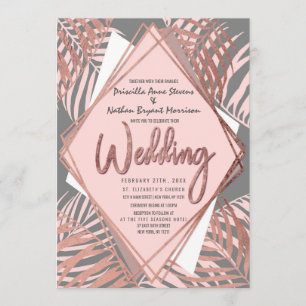 Invitation Rose gris Gold Tropical Palm Tree Feuilles Mariage
