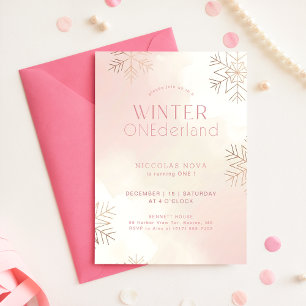 Invitation Rose Hiver Onederland Flocon de Neige 1er Annivers