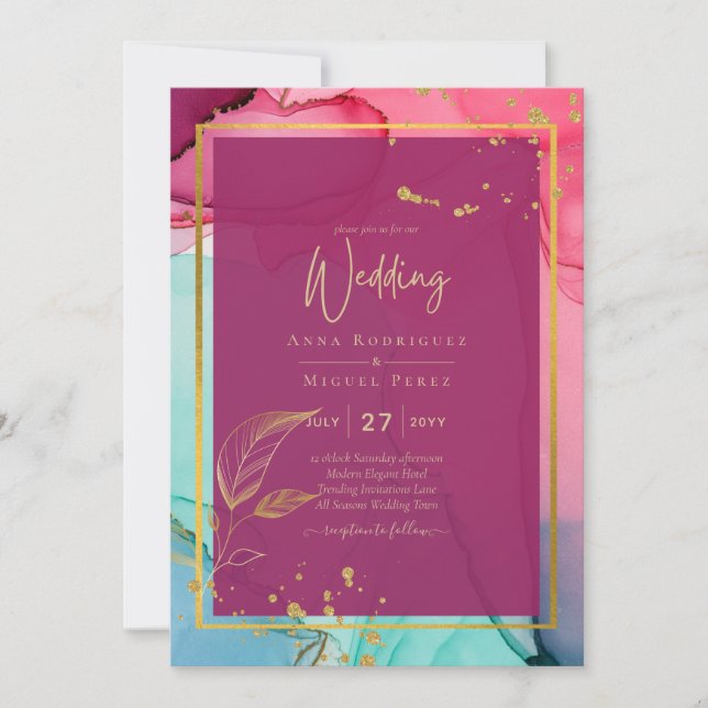 Invitation ROSE intense Turquoise OR OR MARIAGE Encre d'alcoo (Devant)
