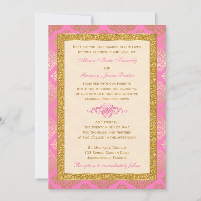 Invitation Rose, ivoire, parties scintillantes d'or, (Devant)
