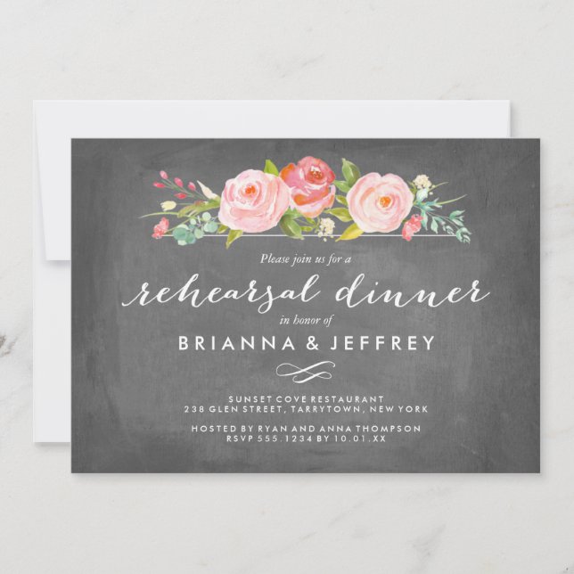 Invitation Rose Jardin Floral Chalkboard Dîner de répétition (Devant)