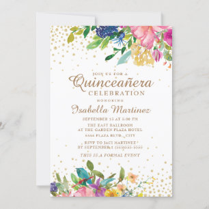 Invitation Rose Jaune Bleu Floral Pailleté Or Quinceañera
