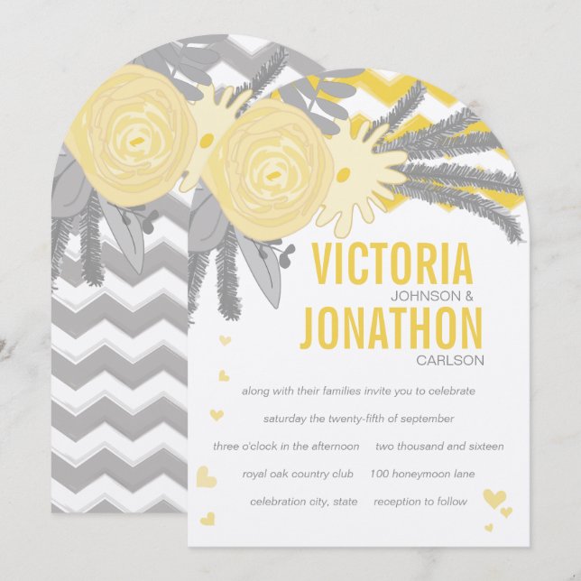 Invitation Rose jaune et fougères Gris Zig Zag Mariage (Devant / Derrière)
