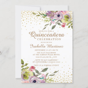 Invitation Rose Jaune Floral Paillettes Dorées Quinceañera