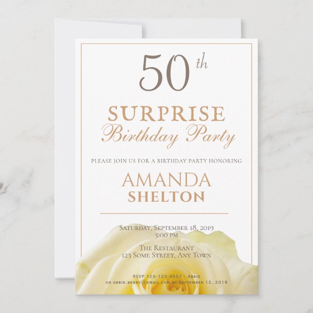 Invitation Rose jaune moderne 50e fête d'anniversaire surpris (Devant)
