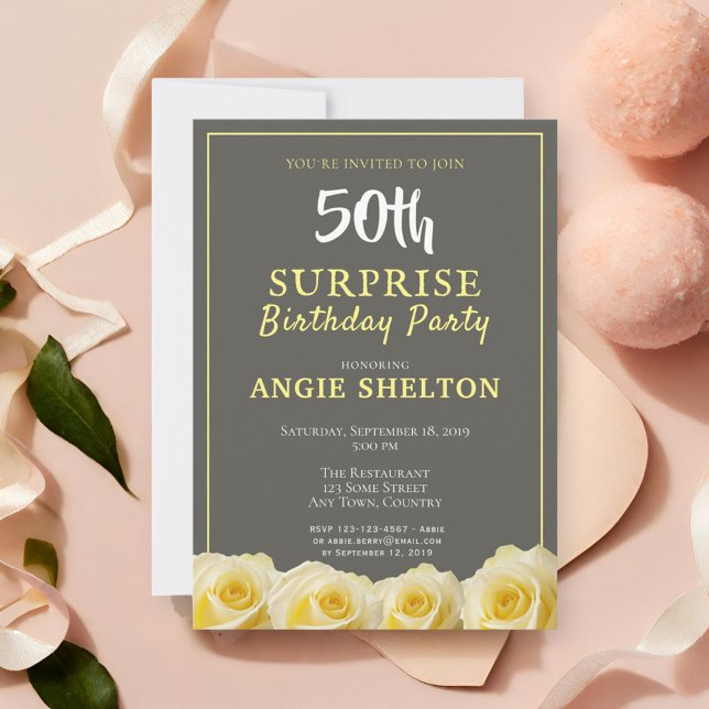Invitation Rose jaune moderne 50e fête d'anniversaire surpris (Créateur téléchargé)