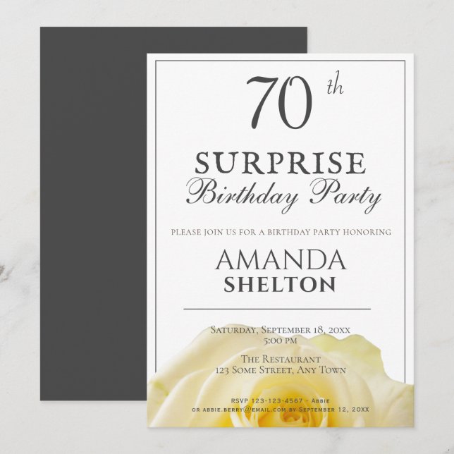 Invitation Rose jaune moderne 70e fête d'anniversaire surpris (Devant / Derrière)