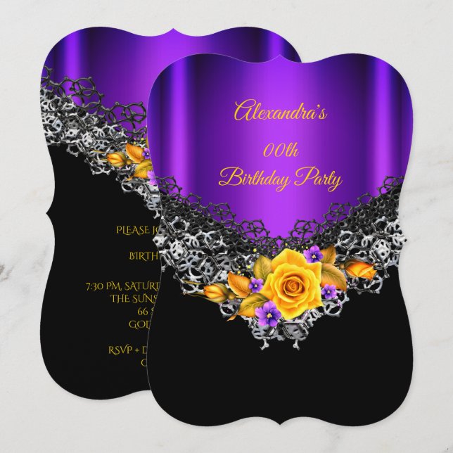 Invitation Rose jaune violet fête d'anniversaire Black Silver (Devant / Derrière)