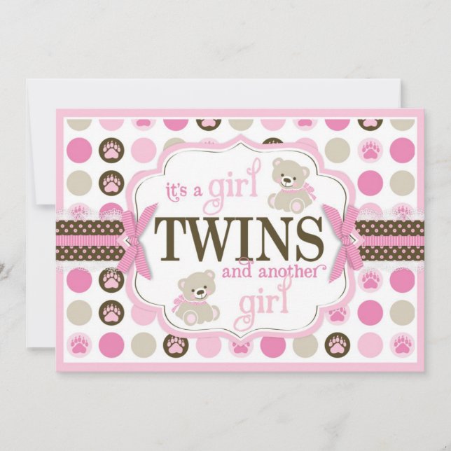 Invitation Rose jumeau de baby shower d'ours de nounours de (Devant)