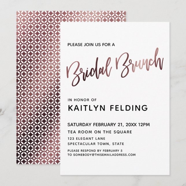 Invitation Rose lisse Gold Ombre Bridal Brunch Typographie (Devant / Derrière)