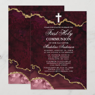 Invitation Rose Marbre Or Agate Géode Première Communion Sain