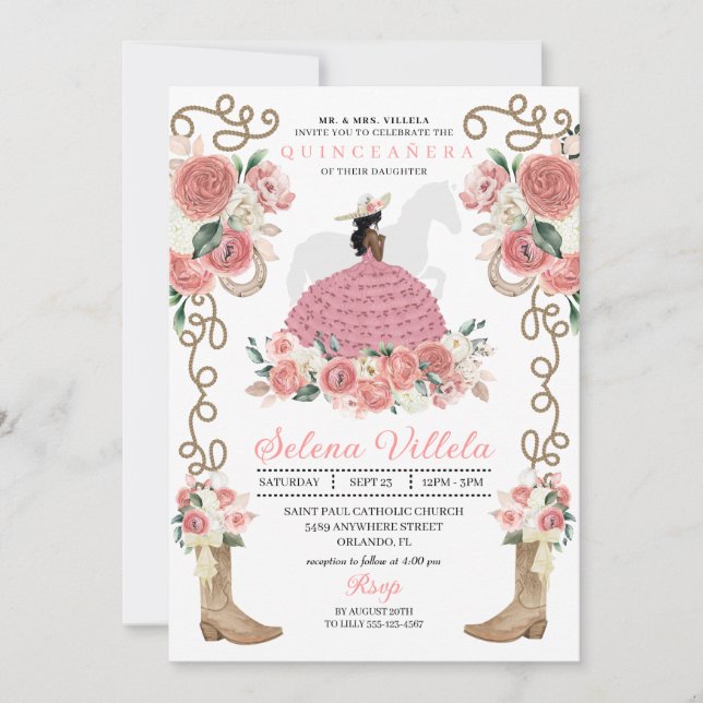 Invitation Rose Mariachi Charro Princesse Quinceañera occiden (Devant)